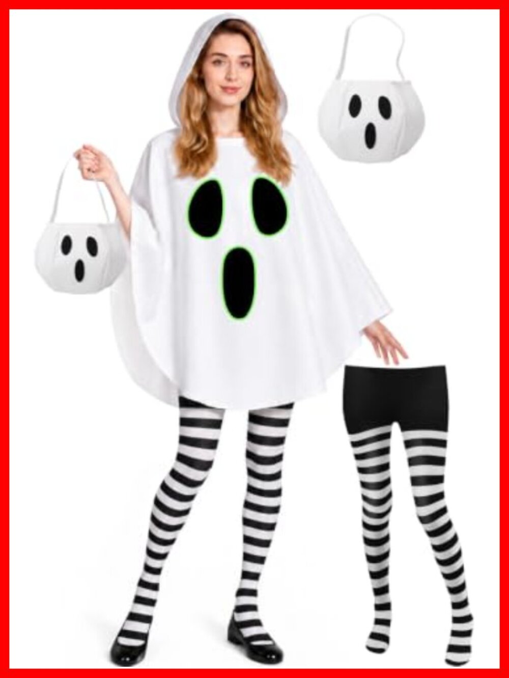 Ghost Costume Set Hooded Poncho Striped Tights Glow Dark Halloween